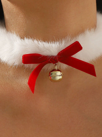 Christmas Bowknot Bell Plush Choker Necklace - vintage fashion, retro style