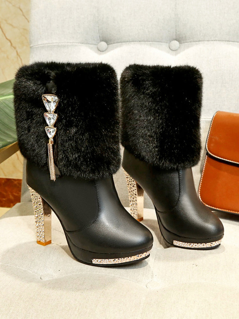 Christmas Fur And Leather Rhinestone Boots — vintage style that transcends decades