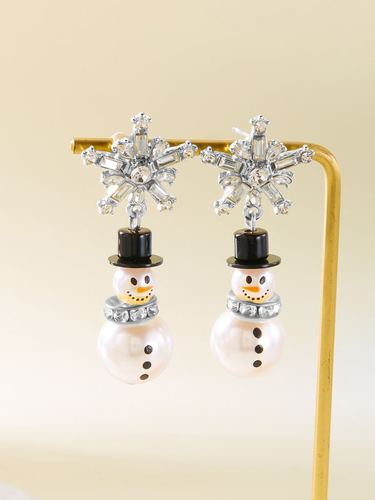 Christmas Rhinestone Snowflake Pearl Hat Snowman Stud Earrings - vintage fashion, retro style