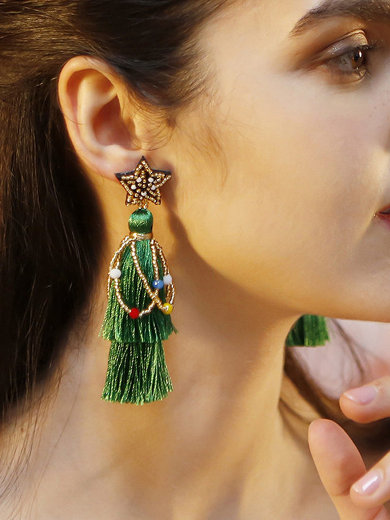 Christmas Tree Tassel Beaded Dangle Earrings, vintage fashion, retro style - perfect for women who love vintage and retro fashion