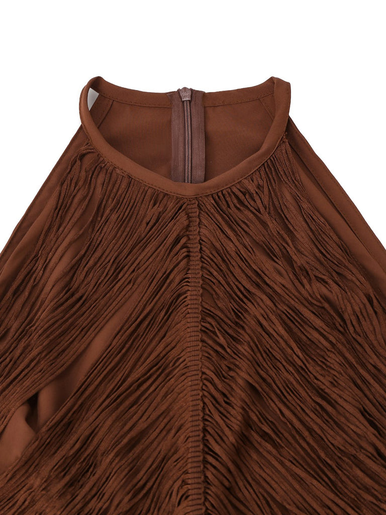 Coffee 1920s Solid Fringe Halter Sleeveless Dress - vintage dress, retro fashion, Gatsby party