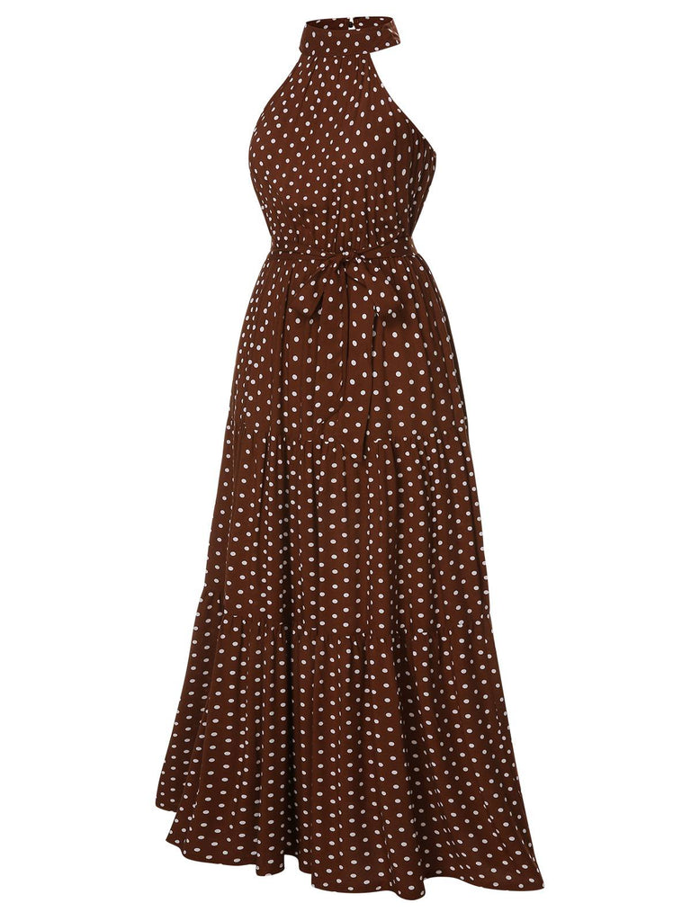 Coffee 1940s Crew Halter Polka Dot Dress, vintage dress, retro fashion - perfect for women who love vintage and retro fashion