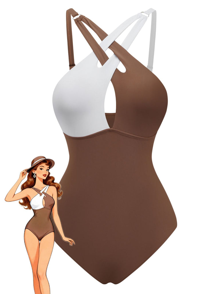 Brown 1960s Color Block Cross Front Tankini Swimsuit, vintage swimsuit, pin-up swimwear - perfect for women who love vintage and retro fashion
