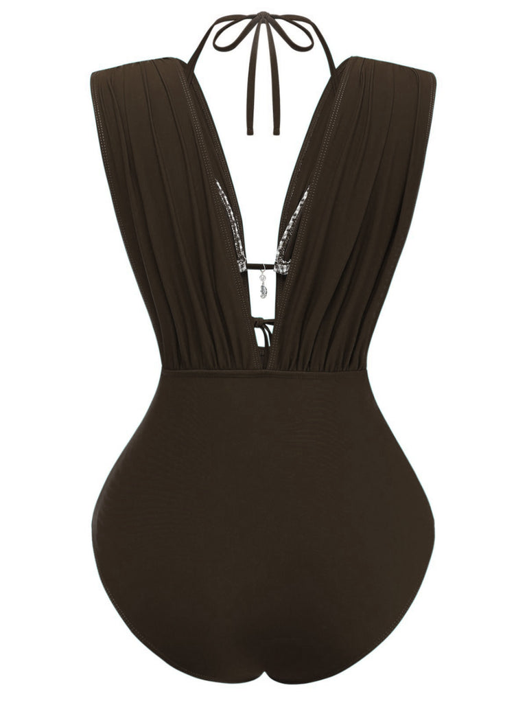 Coffee-1960s-plaid-halter-bikini-top-plunging-ruched-swimsuit-back-view