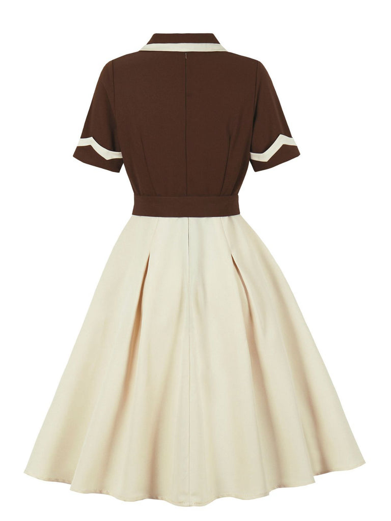 Coffee & Beige 1950s Contrast Lapel Belted Dress - vintage dress, retro fashion, rockabilly