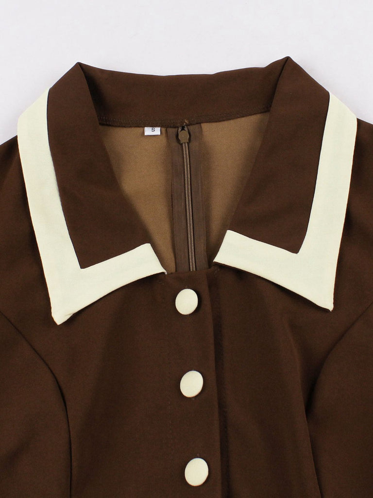 Coffee & Beige 1950s Contrast Lapel Belted Dress - vintage dress, retro fashion, rockabilly