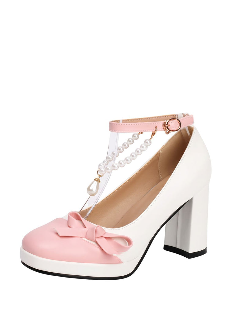 Colorblock Pearls Ankle Strap Bow Chunky-Heel Shoes, vintage shoes, retro heels - perfect for women who love vintage and retro fashion