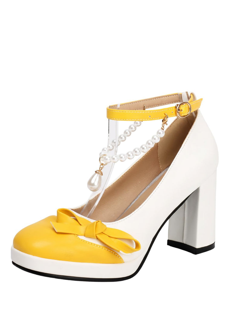 Colorblock Pearls Ankle Strap Bow Chunky-Heel Shoes, vintage shoes, retro heels - perfect for women who love vintage and retro fashion
