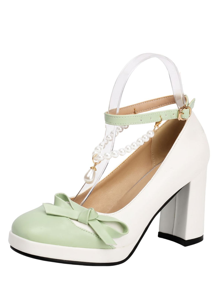 Colorblock Pearls Ankle Strap Bow Chunky-Heel Shoes, vintage shoes, retro heels - perfect for women who love vintage and retro fashion