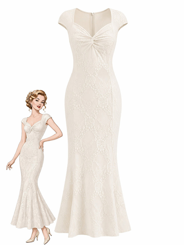 [Pre-Sale] Cream 1930s Lace Cap Sleeve Mermaid Dress, vintage dress, retro fashion, lace detail - perfect for women who love vintage and retro fashion