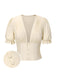 Cream 1940s Cotton Deep V-Neck Ruched Top - vintage fashion, retro style