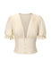 Cream 1940s Cotton Deep V-Neck Ruched Top - vintage fashion, retro style