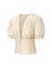 Cream 1940s Cotton Deep V-Neck Ruched Top - vintage fashion, retro style