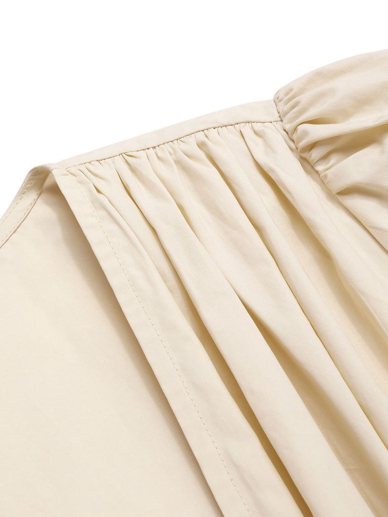 Cream 1940s Cotton Deep V-Neck Ruched Top - vintage fashion, retro style
