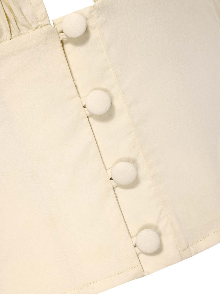Cream 1940s Cotton Deep V-Neck Ruched Top - vintage fashion, retro style