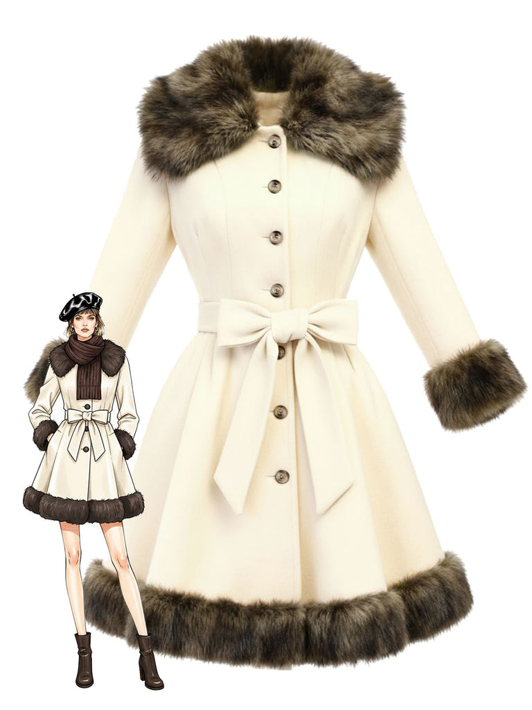Cream 1950s Fur Collar Patchwork Coat - vintage fashion, retro style