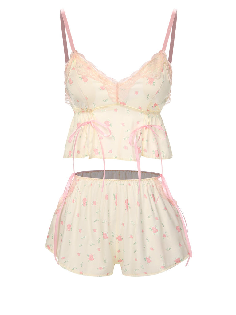 She finds her 1950s story in this Cream Color 1950s Floral Lace Straps Pajama