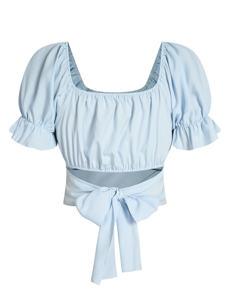 Sky Blue 1950s Solid Puff Sleeves Tops