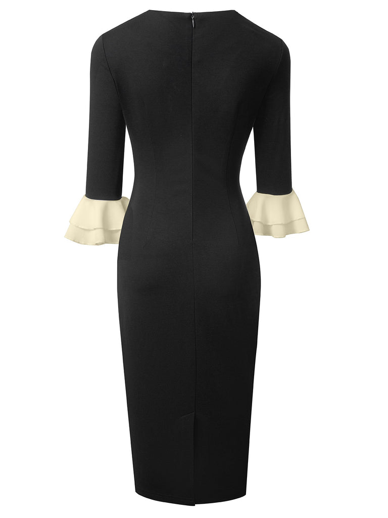 Black 1960s Colorblock Tie Neck Pencil Dress