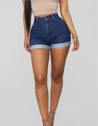 [Plus Size] Blue 1970s Denim Solid Rolled-Up Shorts