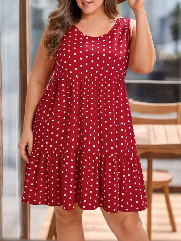 [Plus Size] Red 1950s Polka Dot Sleeveless Ruffled Dress