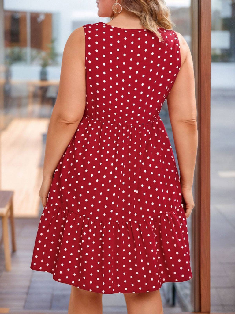 [Plus Size] Red 1950s Polka Dot Sleeveless Ruffled Dress