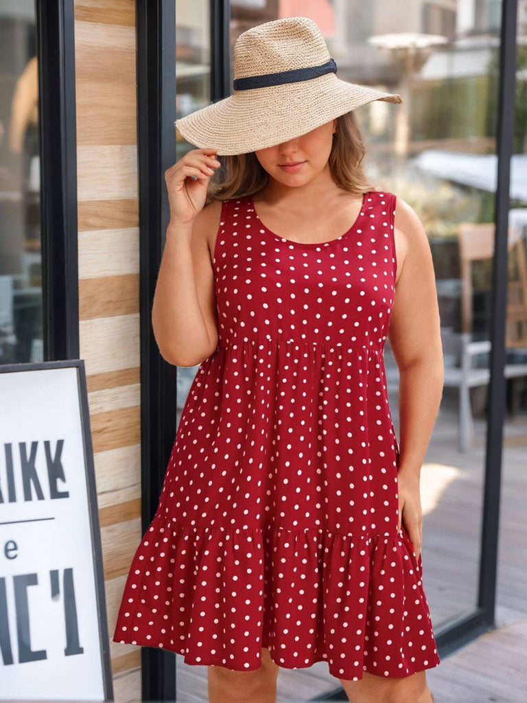 [Plus Size] Red 1950s Polka Dot Sleeveless Ruffled Dress