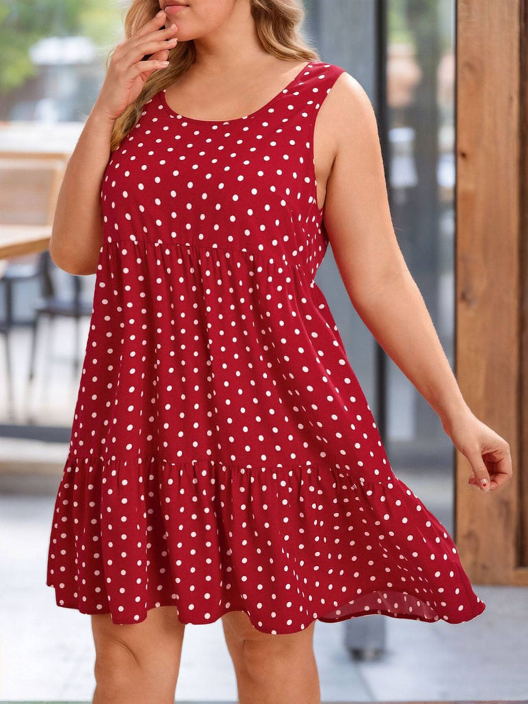 [Plus Size] Red 1950s Polka Dot Sleeveless Ruffled Dress