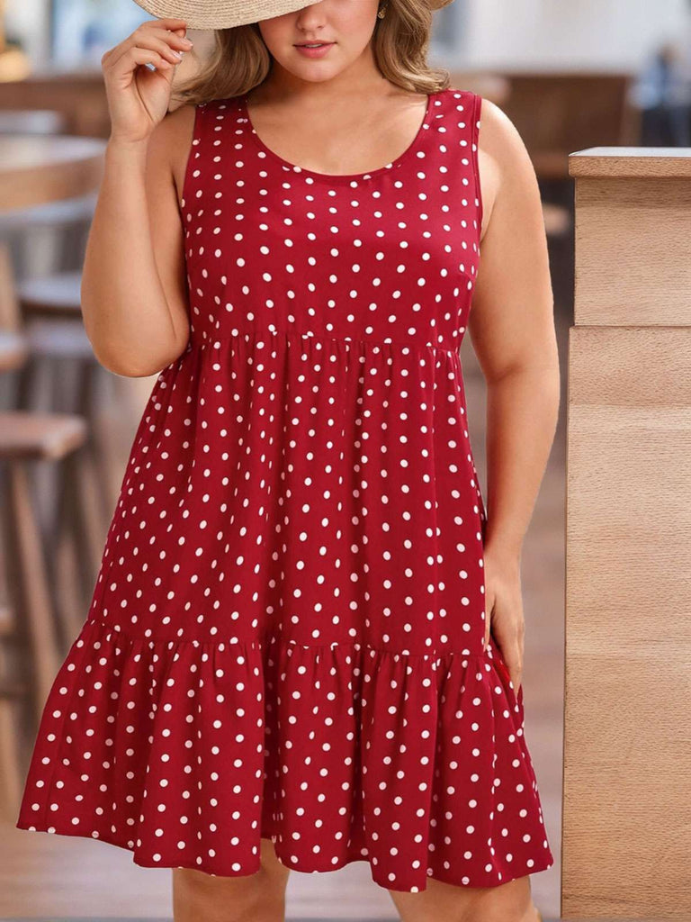 [Plus Size] Red 1950s Polka Dot Sleeveless Ruffled Dress