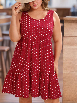 [Plus Size] Red 1950s Polka Dot Sleeveless Ruffled Dress
