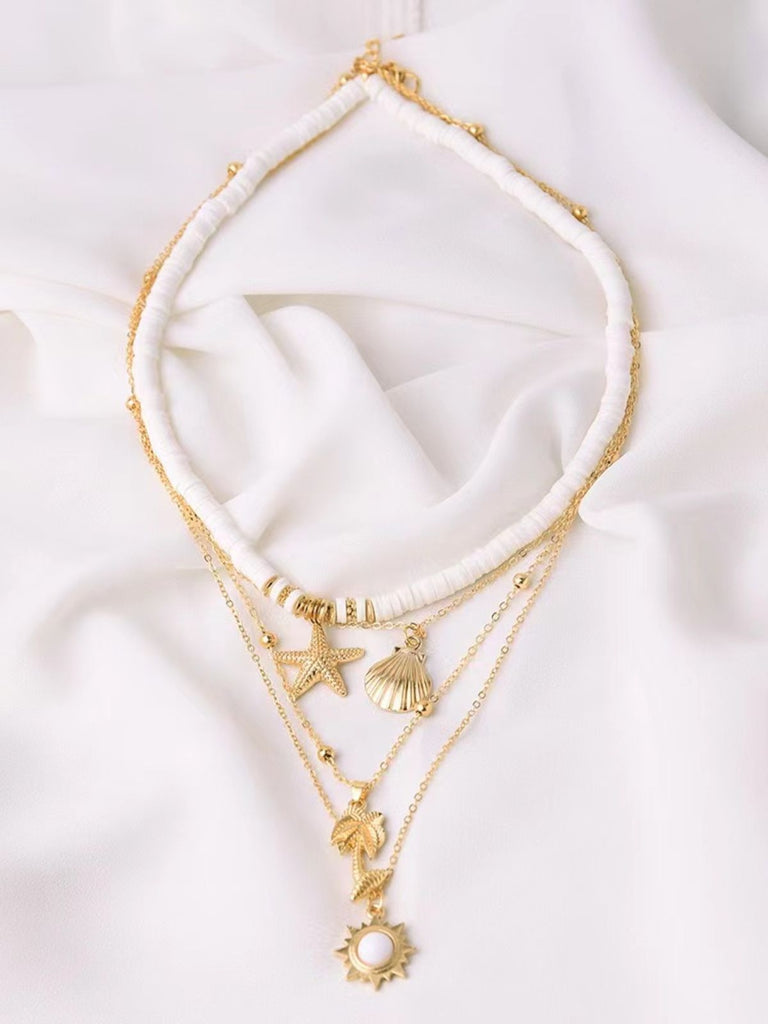 Gold Boho Shell Starfish Layered Beaded Necklace