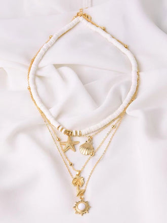 Gold Boho Shell Starfish Layered Beaded Necklace