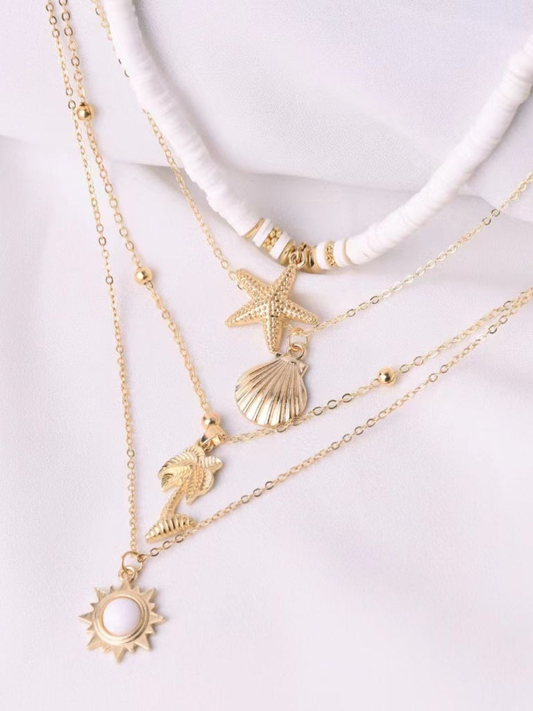 Gold Boho Shell Starfish Layered Beaded Necklace