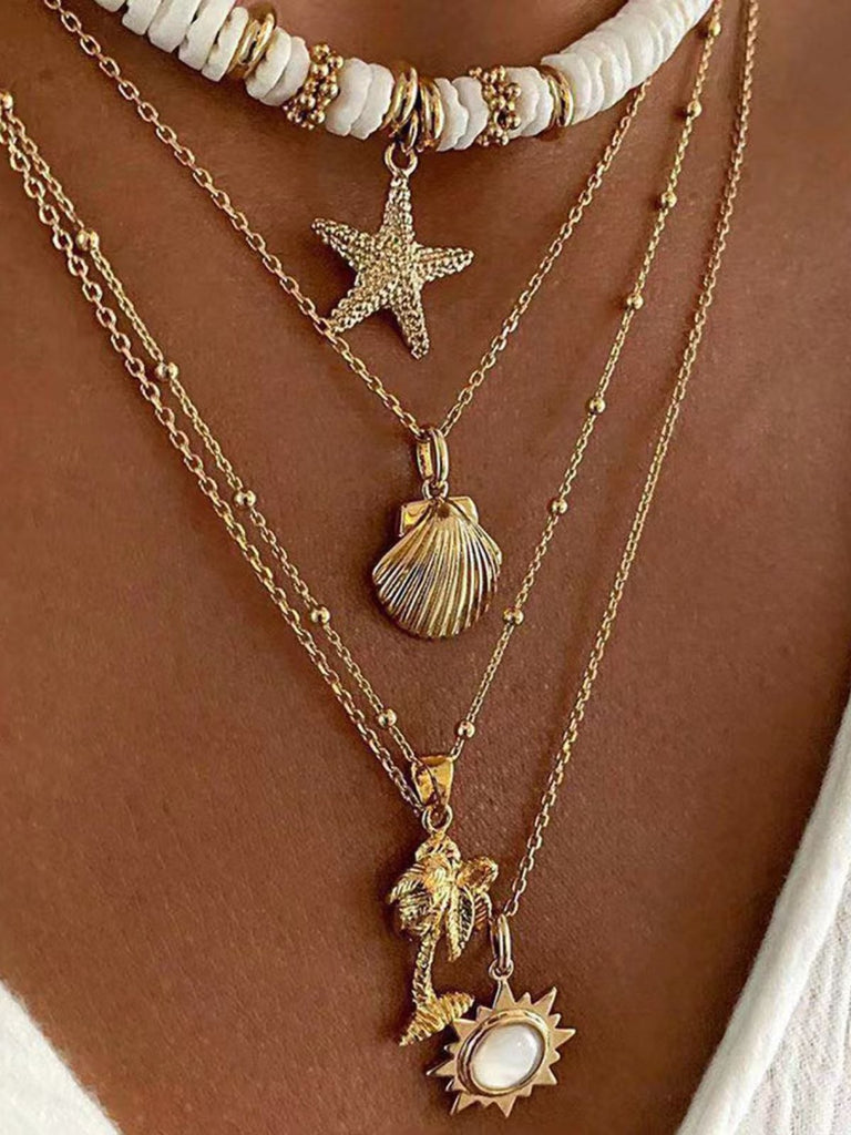 Gold Boho Shell Starfish Layered Beaded Necklace