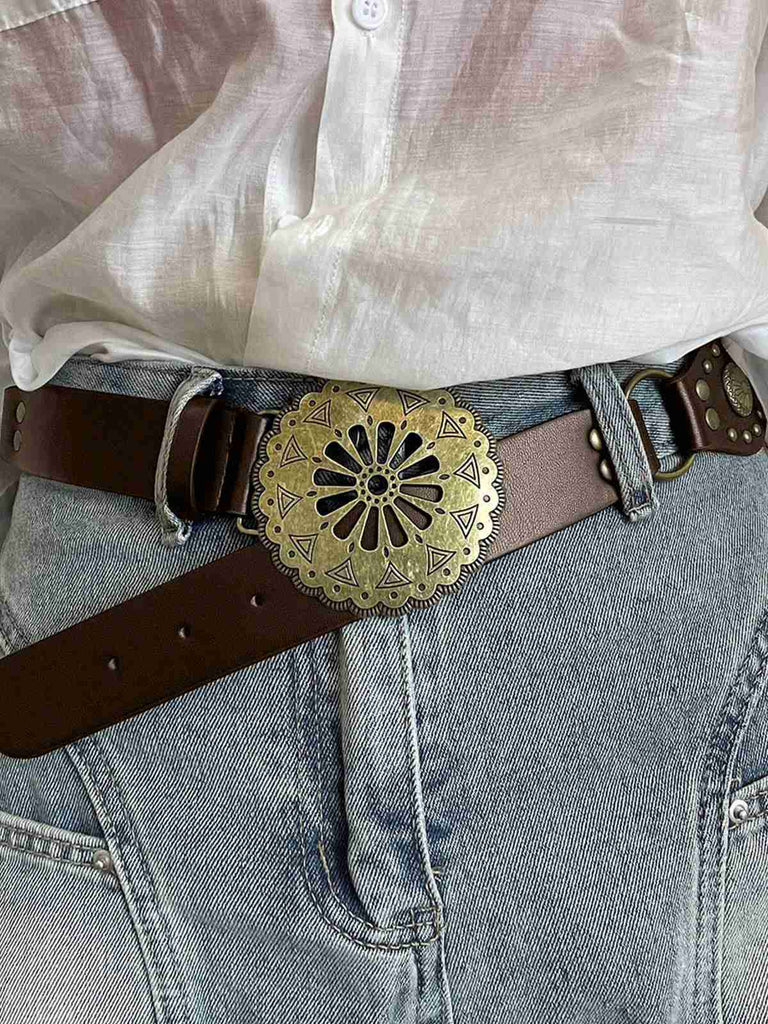 Brown Solid Ethnic Prints Pu Leather Belt
