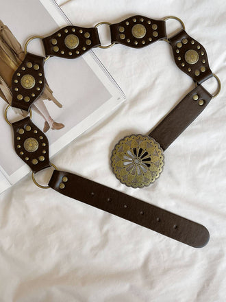 Brown Solid Ethnic Prints Pu Leather Belt
