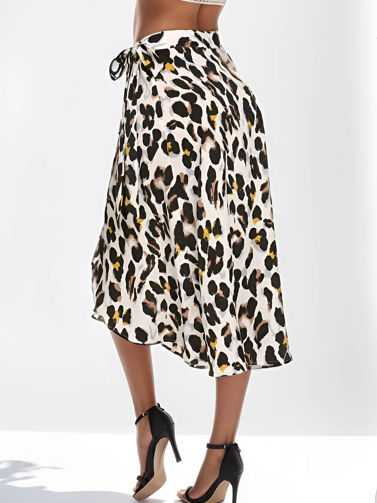 1970s Boho Leopard Slit High Low Midi Wrap Skirt