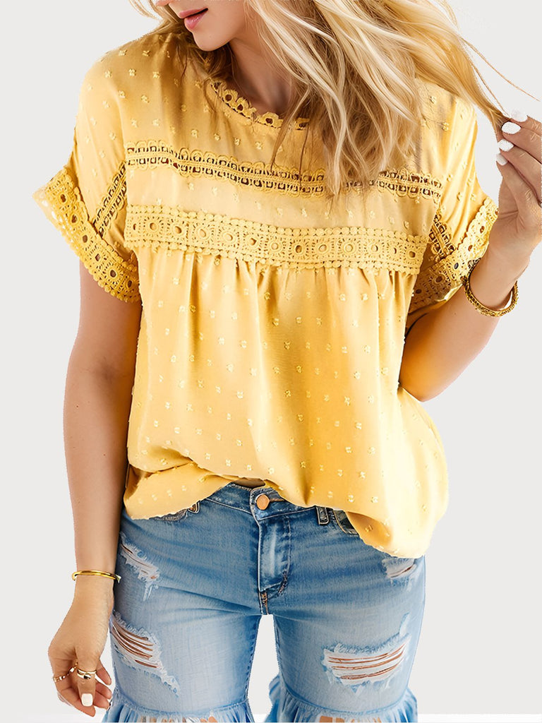 Yellow 1970s Boho Dot Short-Sleeve Blouse