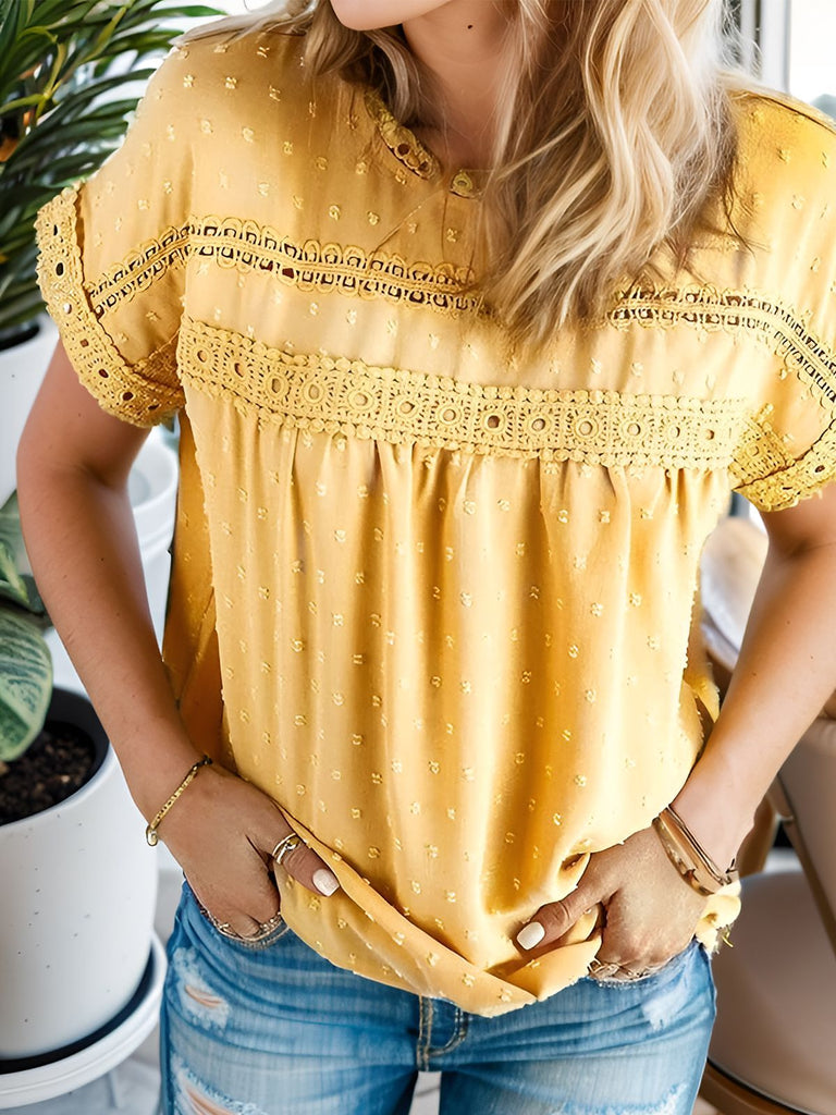 Yellow 1970s Boho Dot Short-Sleeve Blouse