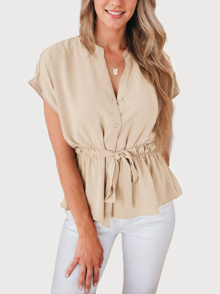 Beige 1940s Wrinkle V-neck Short Sleeve Blouse