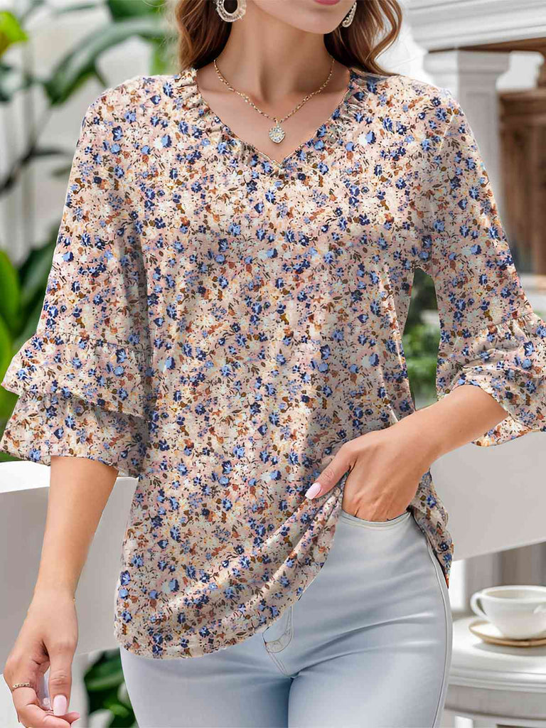 Pink 1970s Floral V-Neck Bell Sleeve Ruffled Top