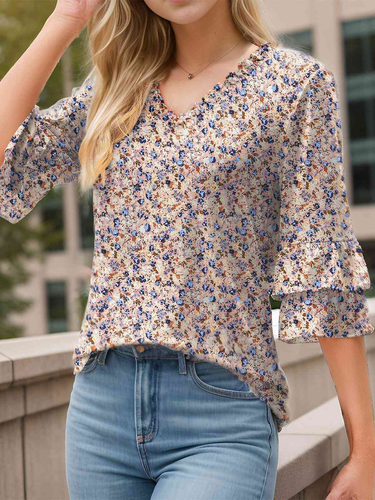 Pink 1970s Floral V-Neck Bell Sleeve Ruffled Top