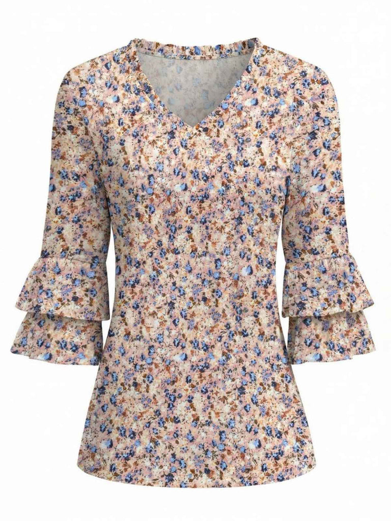 Pink 1970s Floral V-Neck Bell Sleeve Ruffled Top