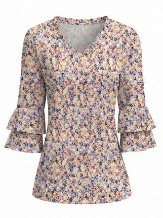 Pink 1970s Floral V-Neck Bell Sleeve Ruffled Top