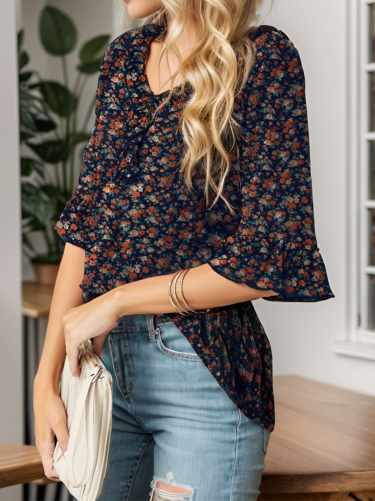 1940s Ruffle Neck Floral 3/4 Flare Sleeve Blouse