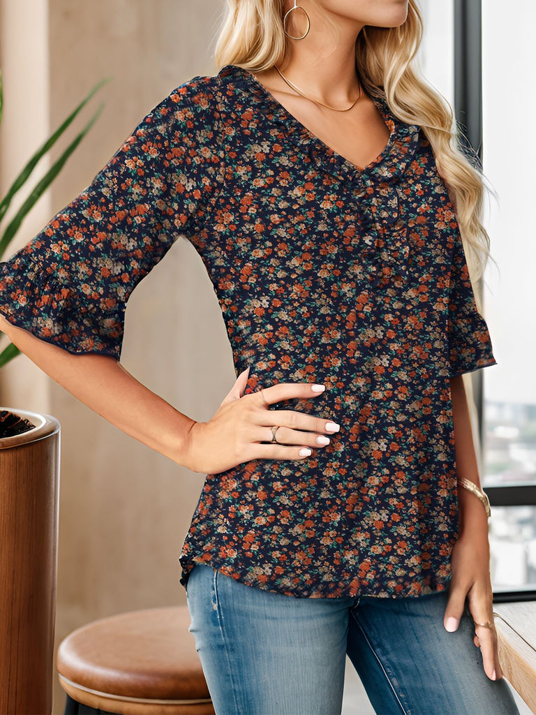 1940s Ruffle Neck Floral 3/4 Flare Sleeve Blouse