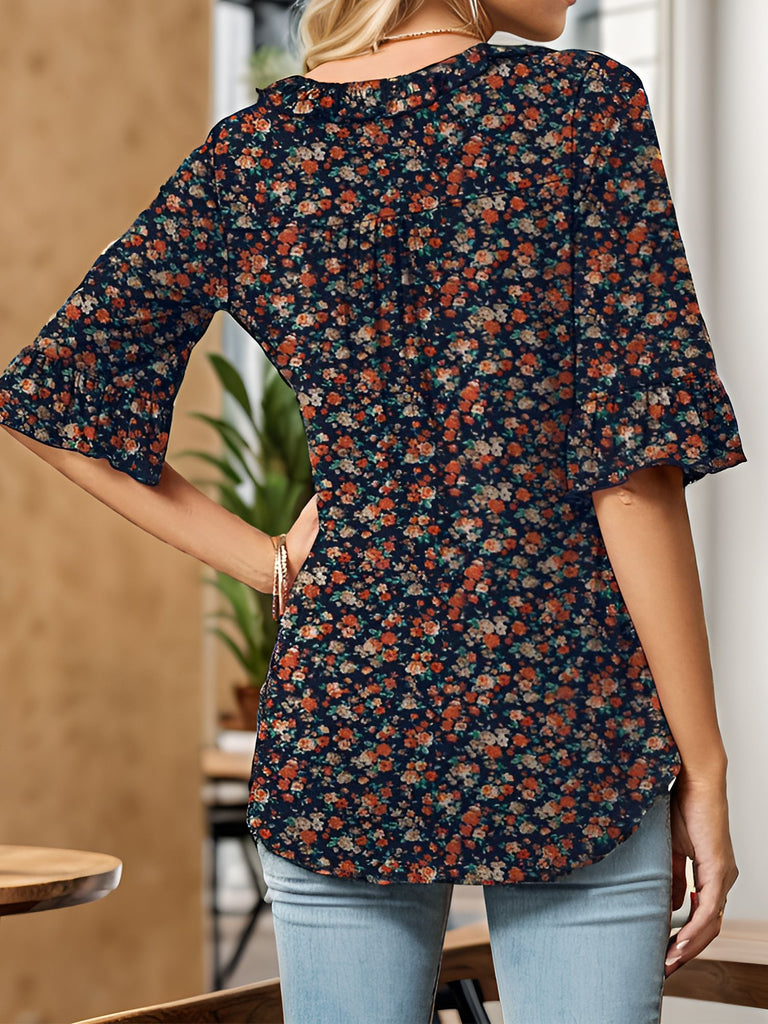 1940s Ruffle Neck Floral 3/4 Flare Sleeve Blouse