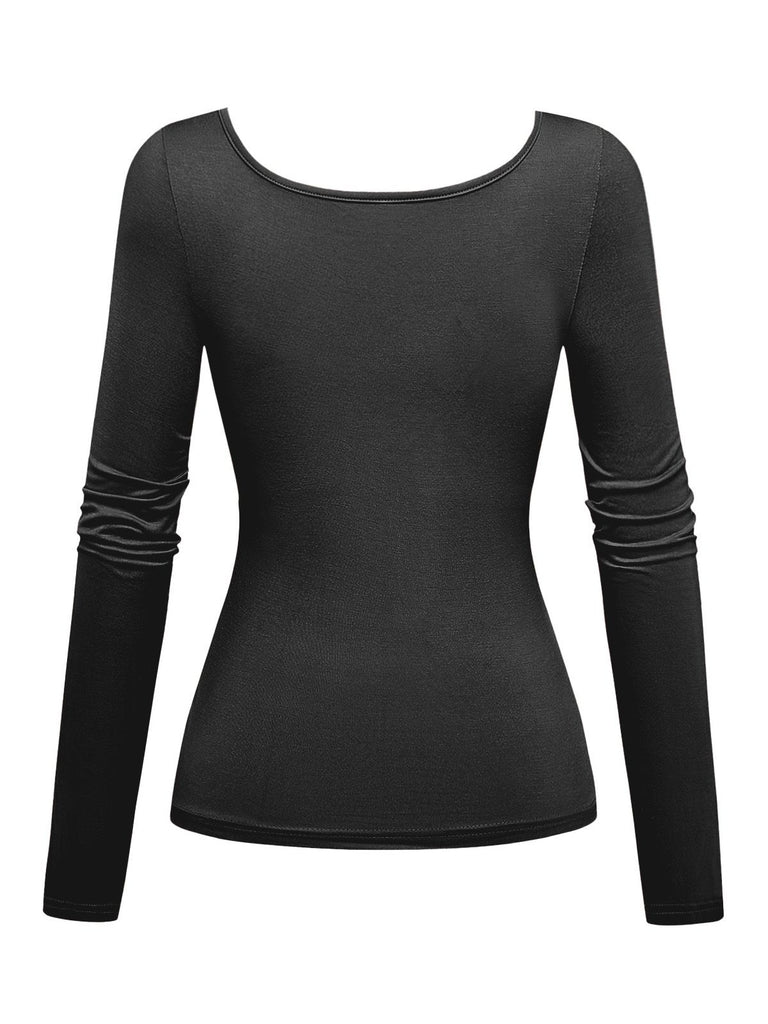 1970s Solid Square Neck Long Sleeve Top