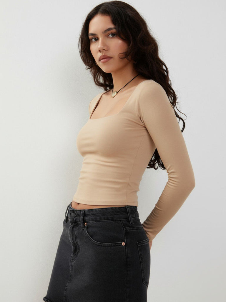 1970s Solid Square Neck Long Sleeve Top