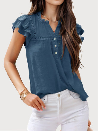 Blue 1940s Wrinkle V-neck Flounce Sleeve Blouse